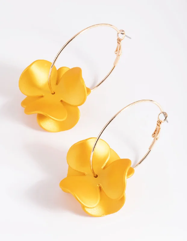 Women’s handmade earrings-Matte Yellow Flower Hoop Earrings