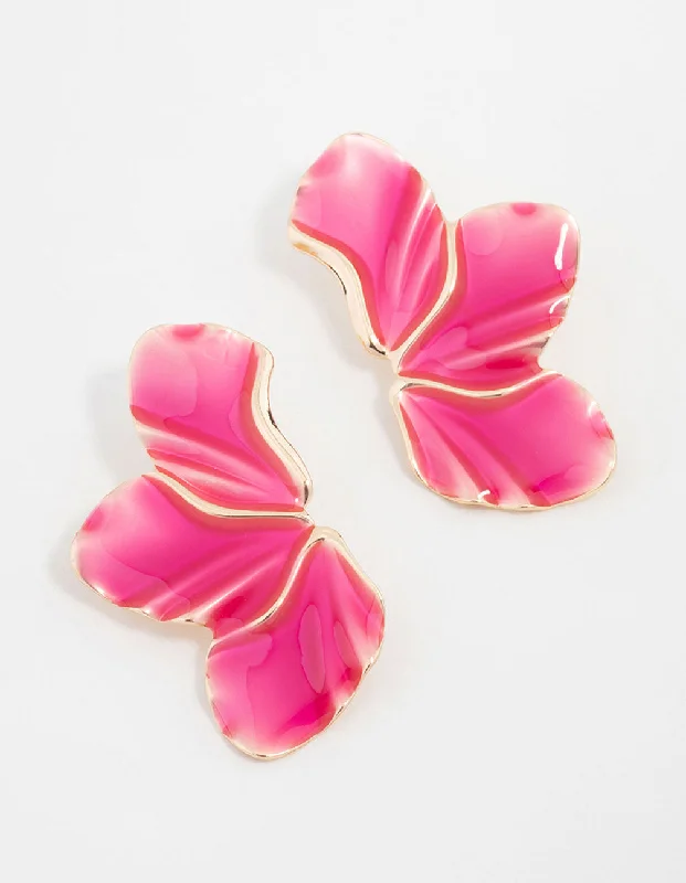 Women’s gold earrings-Gold Pink Petal Stud Earrings