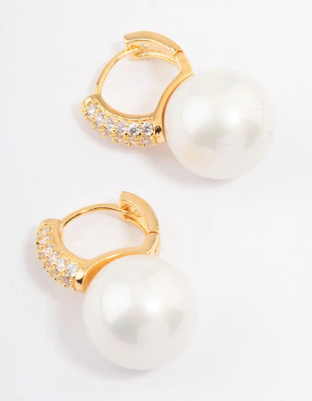 Women’s vintage gemstone earrings-Gold Plated Large Pearl Drop Cubic Zirconia Huggie Earrings