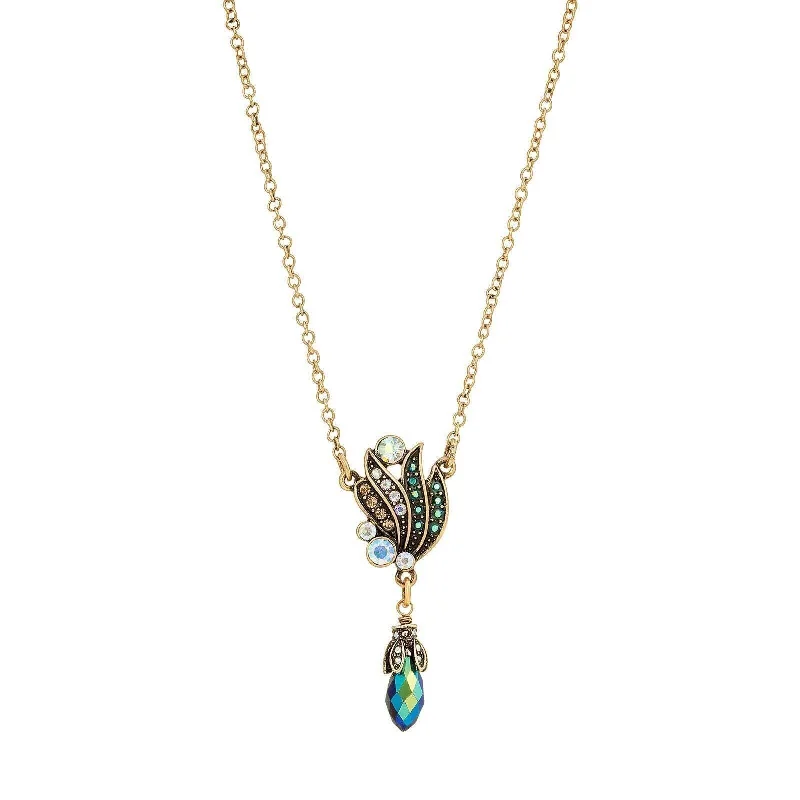 Women’s pearl and diamond necklace-1928 Jewelry Peacock Plumage Art Nouveau Style Blue Iridescent AB Drop Pendant Necklace 16" + 3" Extender