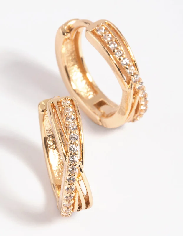 Women’s wedding earrings-Gold Cubic Zirconia Twisted Huggie Hoop Earrings