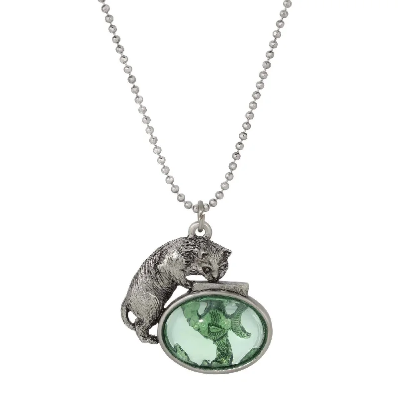 Women’s vintage-inspired necklace-1928 Jewelry Whimsical Cat & Green Fish Pendant Ball Chain Necklace 18"