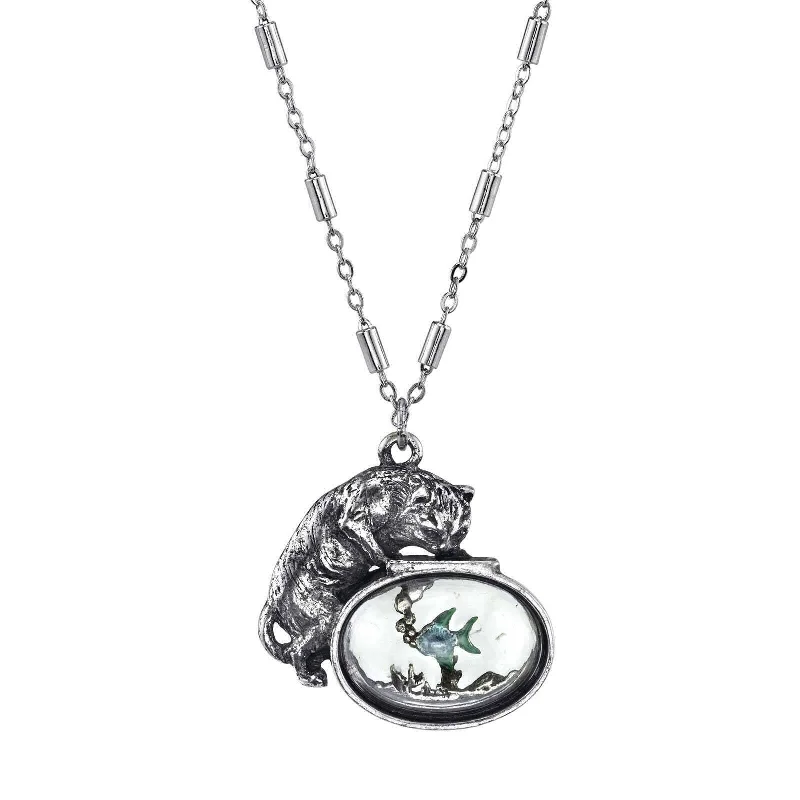 Women’s double pendant necklace-1928 Jewelry Whimsical Cat & Blue and Green Fish Pendant Necklace 30"