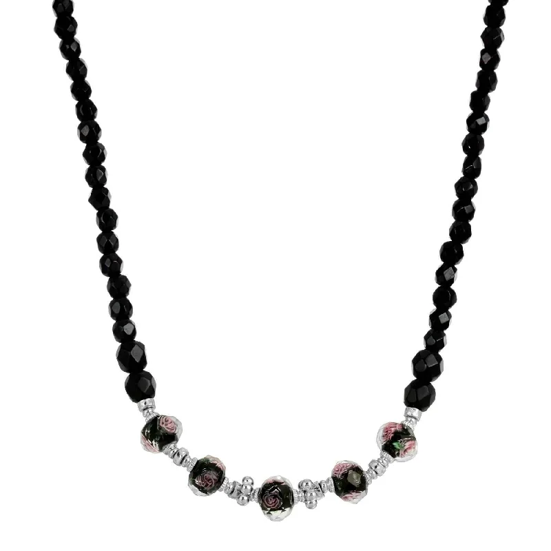 Women’s dainty necklace-1928 Jewelry Black Floral Beaded Necklace 15" + 3" Extender