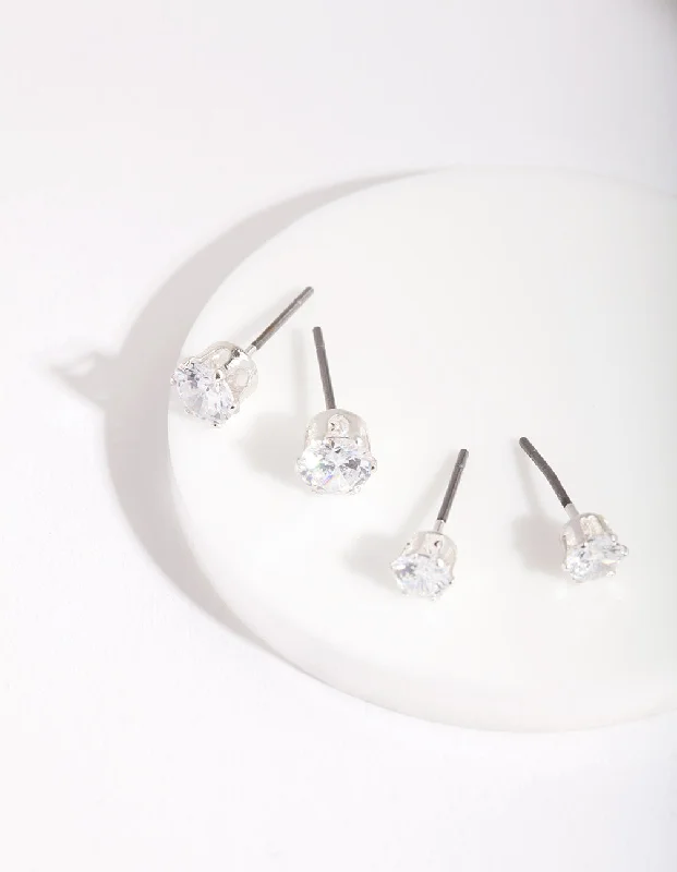 Women’s silver dangle earrings-Silver Cubic Zirconia Round Stud Earring Pack