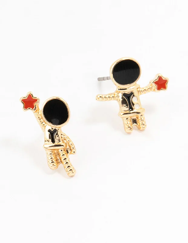 Women’s black diamond earrings-Gold Astronaut Star Stud Earrings