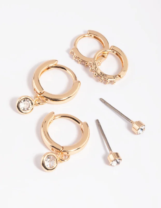 Women’s bohemian earrings-Gold Clear Stud & Huggie Earring Stack Pack