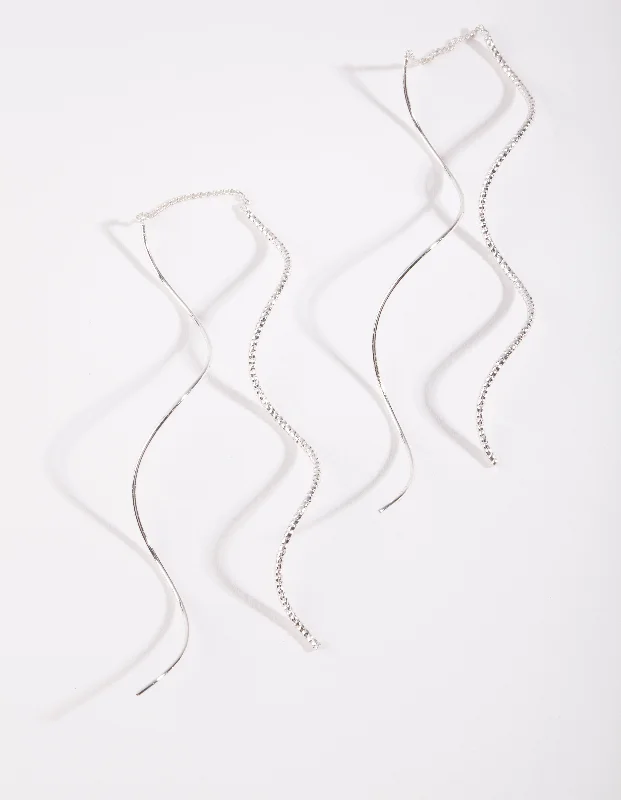 Women’s luxury hoop earrings-Silver Double Wave Thread Through Earrings