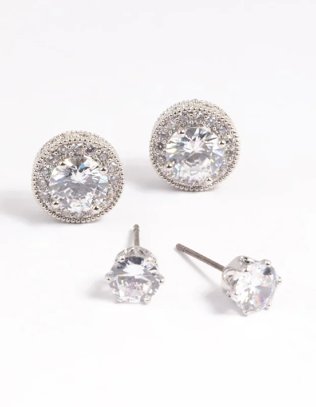 Women’s hoop earrings with diamonds-Silver Diamond Simulant Stud Earring Set