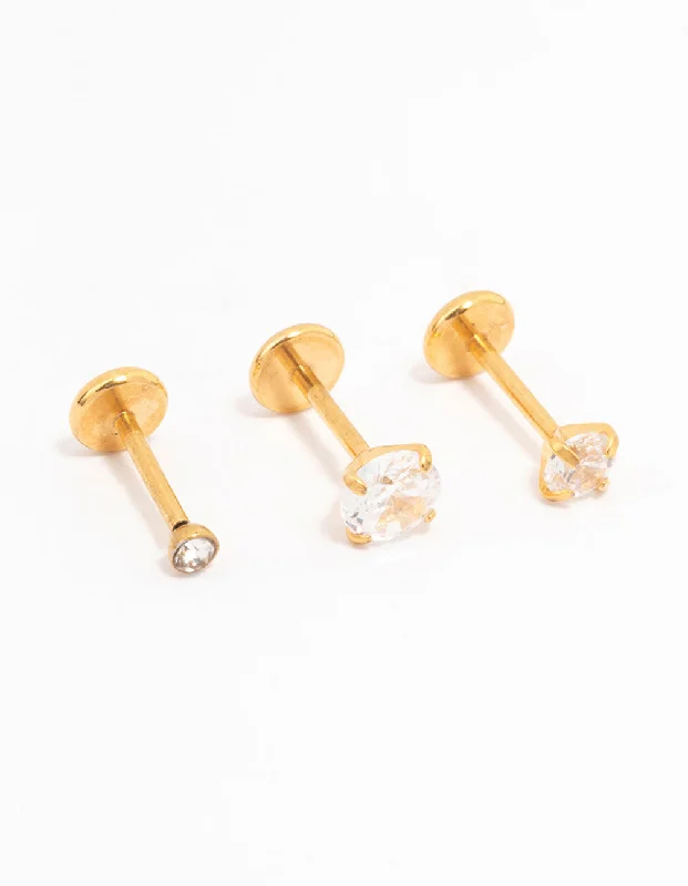 Women’s circular earrings-Gold Plated Surgical Steel Cubic Zirconia Flat Back 3-Pack