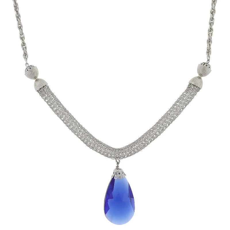 Women’s cubic zirconia necklace-1928 Jewelry Mesh Chain And Large Blue Teardrop Pendant Necklace 18"