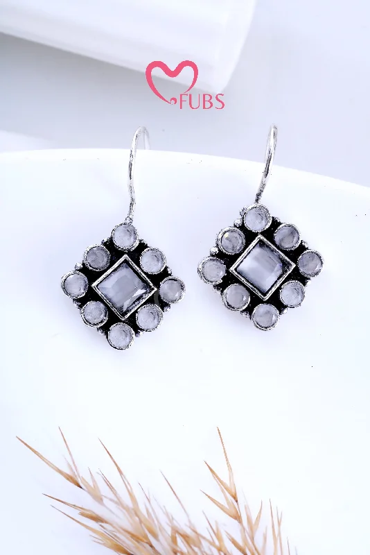 Women’s large earrings-Grey Gleam Square Stone Studded Earrings