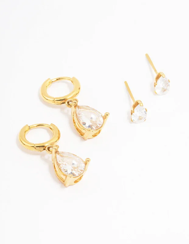 Women’s minimalist earrings-Waterproof Gold Plated Stainless Steel Pear Cut Cubic Zirconia Earrings 2-Pack