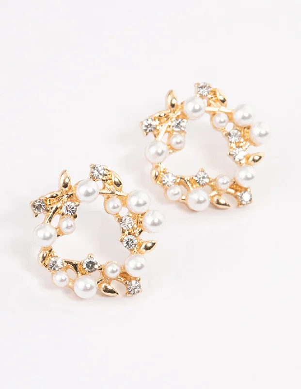 Women’s wedding earrings-Gold Pearl & Diamante Wreath Stud Earrings