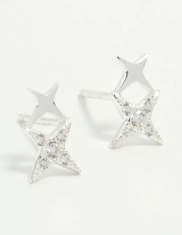 Women’s hoop earrings with gemstones-Sterling Silver Cubic Zirconia Double Star Stud Earrings