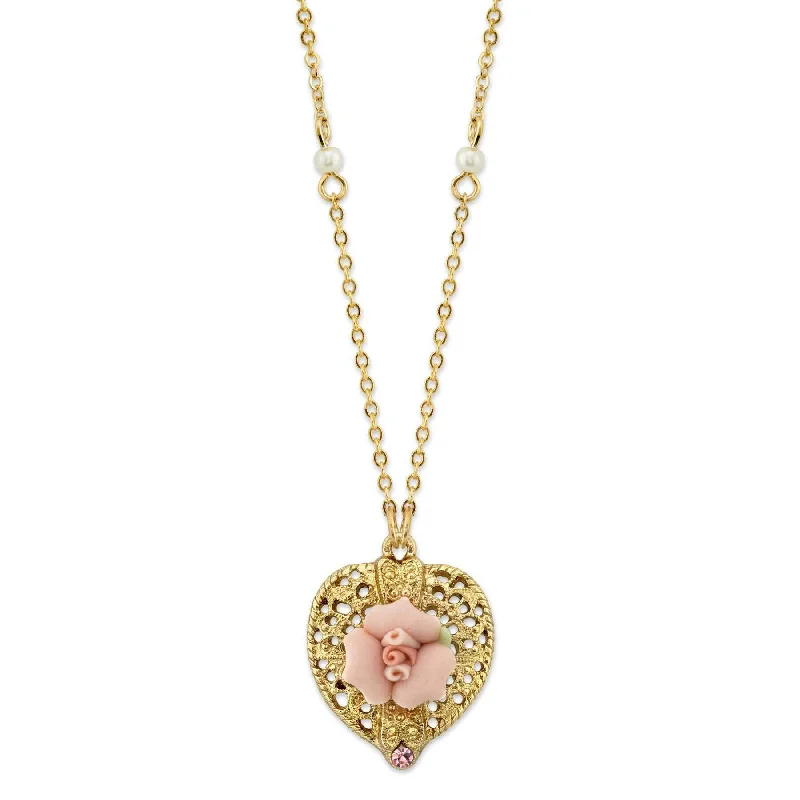 Women’s fashion necklace-1928 Bridal Pink Crystal Heart And Pink Porcelain Rose Filigree Pendant Necklace 16" + 3" Extender