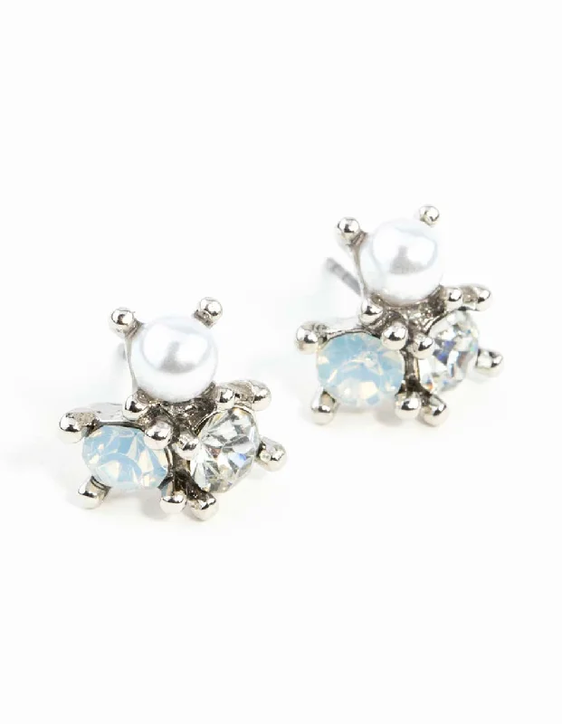 Women’s boho earrings-Silver Stone & Pearl Cluster Earrings