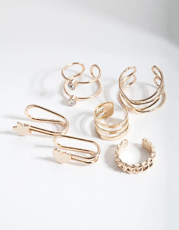 Women’s elegant drop earrings-Gold Mixed Texture Ear Cuff 6-Pack