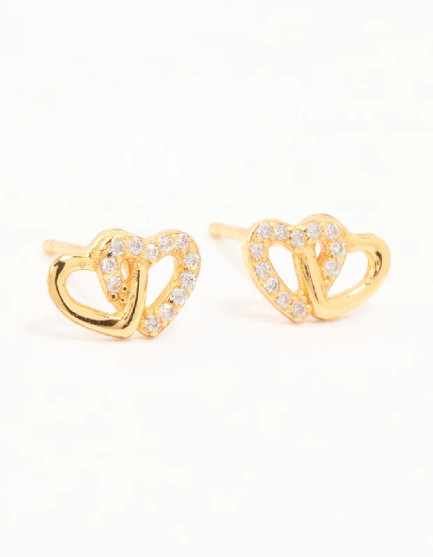 Women’s personalized earrings-Gold Plated Sterling Silver Heart Cubic Zirconia Stud Earrings