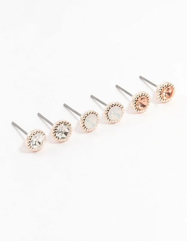 Women’s crystal earrings-Rose Gold Encased Diamante Stud Earrings 3-Pack