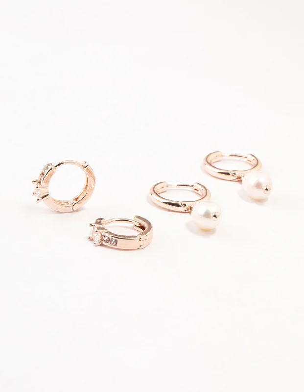 Women’s multi-colored earrings-Rose Gold Cubic Zirconia & Freshwater Pearl Huggie Earrings 2-Pack