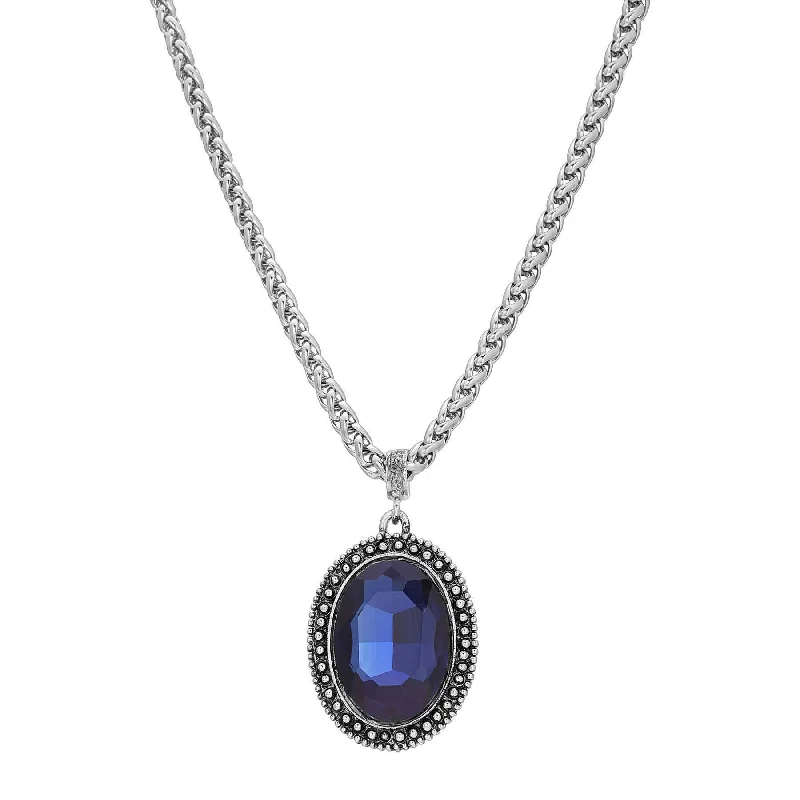 Women’s two-tone necklace-1928 Jewelry Oval Faceted Dark Blue Crystal Pendant Necklace 14" + 3" Extension