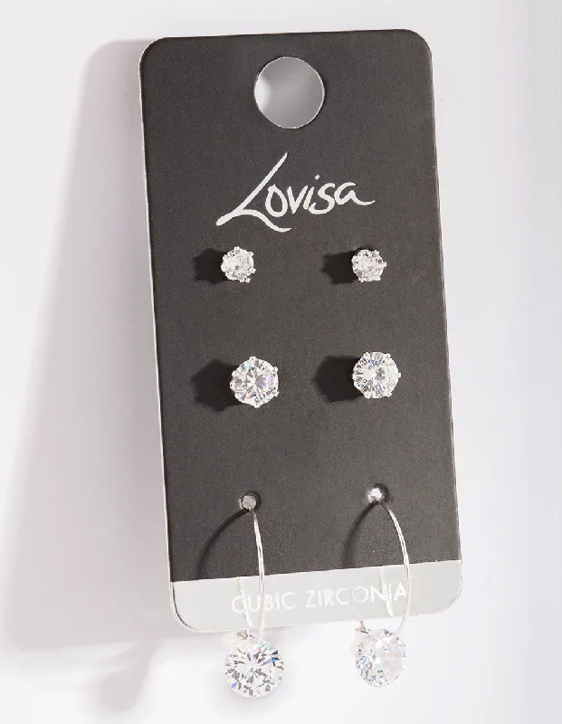 Women’s diamond earrings-Silver Cubic Zirconia Stud & Hoop Diamante Earring Pack