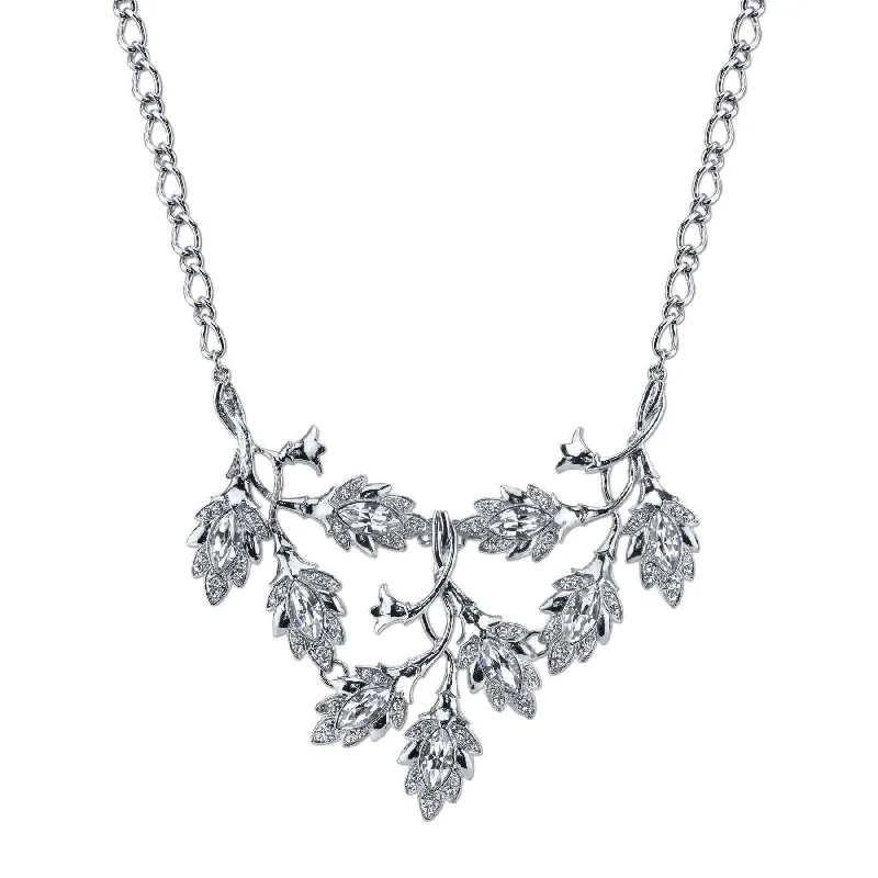 Women’s long necklace-2028 Jewelry Genuine Austrian Crystal Navette Vine Leaf Bib Necklace 16" + 3" Extender