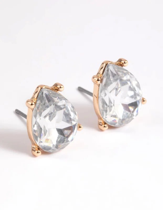 Women’s personalized earrings-Gold Diamante Pear Stud Earrings