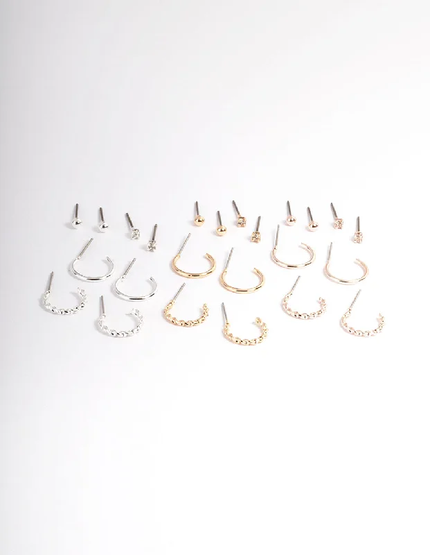 Women’s gold-plated earrings-Mixed Metal Plain & Dimanate Stud & Hoop Earring 12-Pack