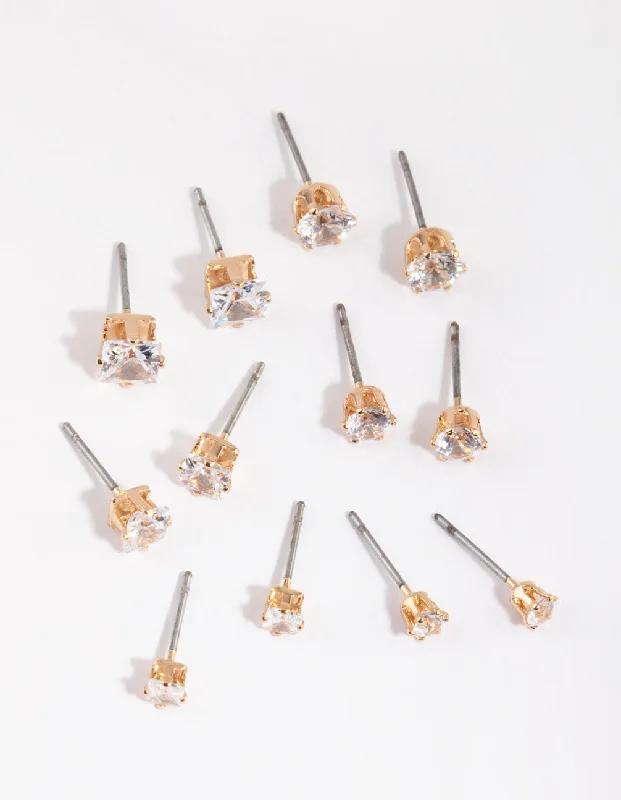 Women’s stud with diamonds earrings-Gold Cubic Zirconia Classic Stud Earring 6-Pack