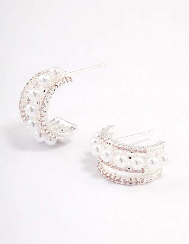 Women’s pearl stud earrings-Silver Plated Cubic Zirconia Pearl Layered Small Hoop Earrings