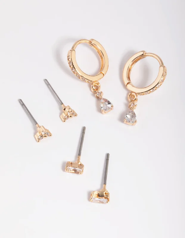 Women’s simple hoop earrings-Gold Cubic Zirconia Dainty Stud & Huggie Earring Stack Pack