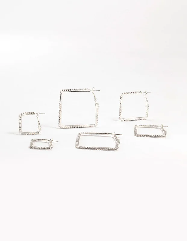 Women’s long earrings-Silver Diamante Square Hoop Earrings 3-Pack