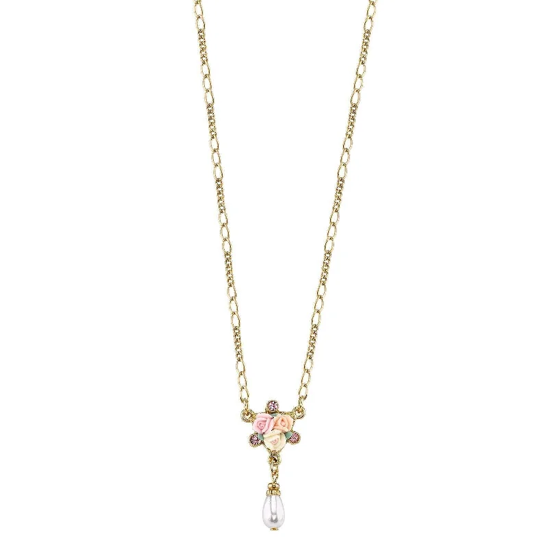 Women’s adjustable necklace-1928 Bridal Crystal Ivory And Pink Porcelain Rose Faux Pearl Necklace 16" + 3" Extender