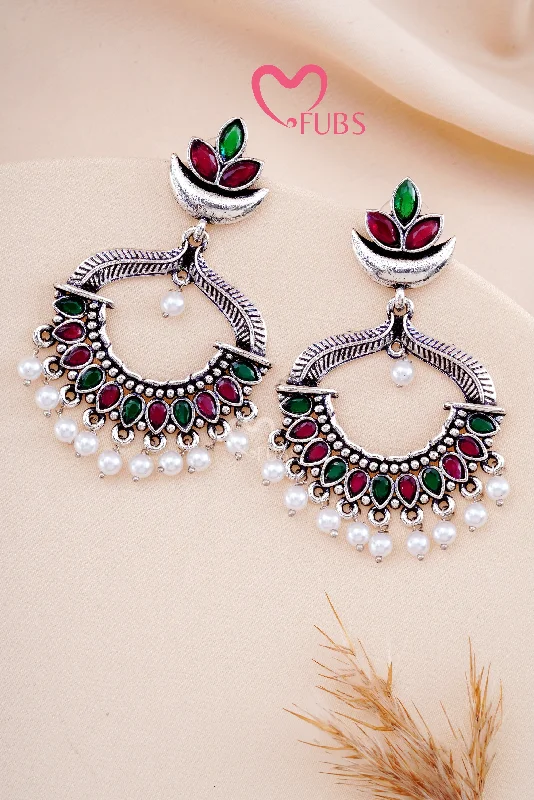 Women’s statement earrings-Maroon & Green Oxidized Garba Charm Chandbalis Earrings