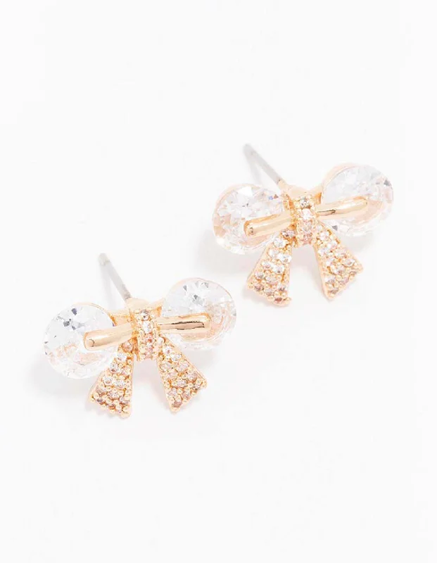 Women’s wedding earrings-Gold Diamante Bow Stud Earrings