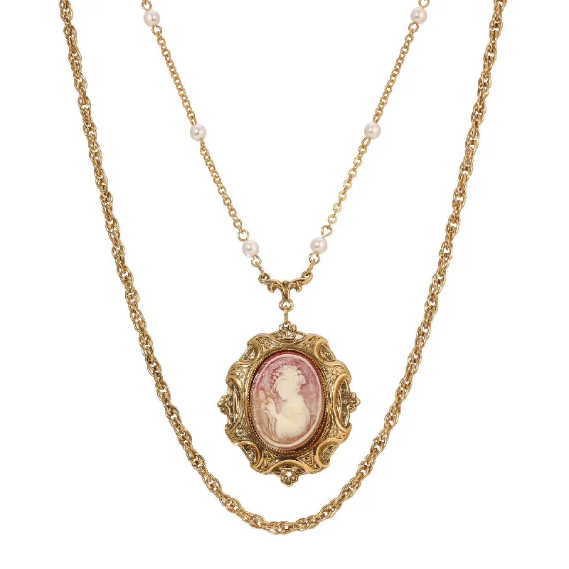 Women’s bohemian necklace-1928 Jewelry Victorian Reflections Carnelian & Ivory Cameo Pendant & Link Chain Necklace 24"