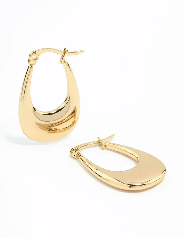 Women’s diamond earrings-Waterproof Gold Plated Stainless Steel Elongated Flat Hoop Earrings