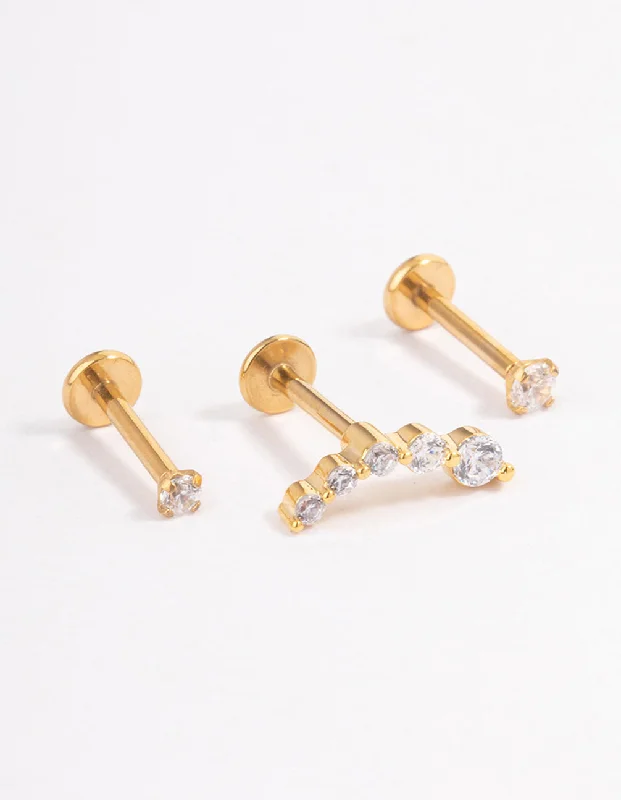 Women’s trendy earrings-Gold Plated Surgical Steel Cubic Zirconia Crawler Flat Back Pack