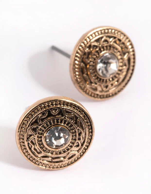 Women’s emerald earrings-Antique Gold Diamante Stud Earrings