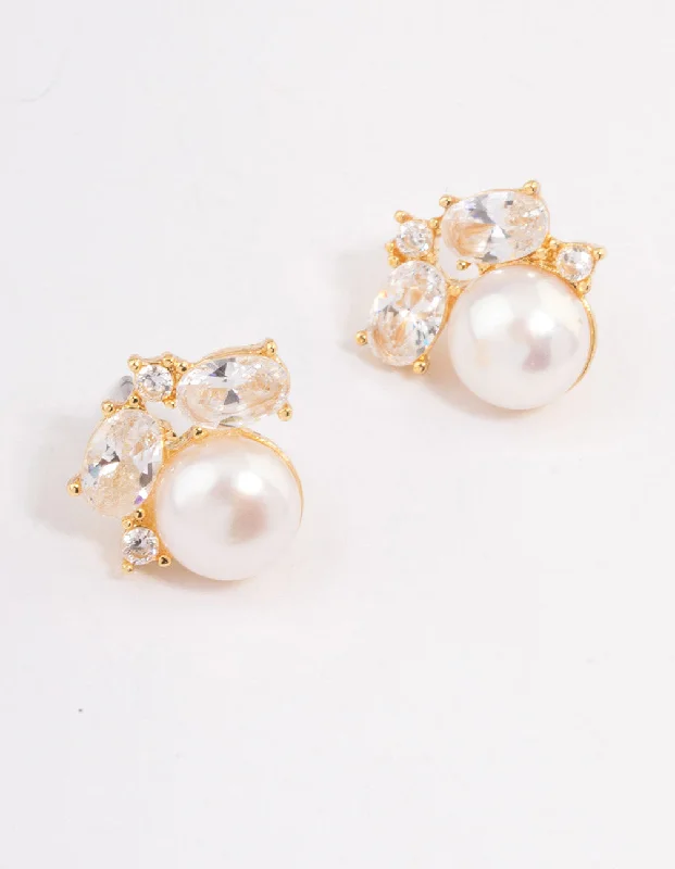 Women’s gold earrings-Gold Plated Cubic Zirconia Freshwater Pearl Stud Earrings