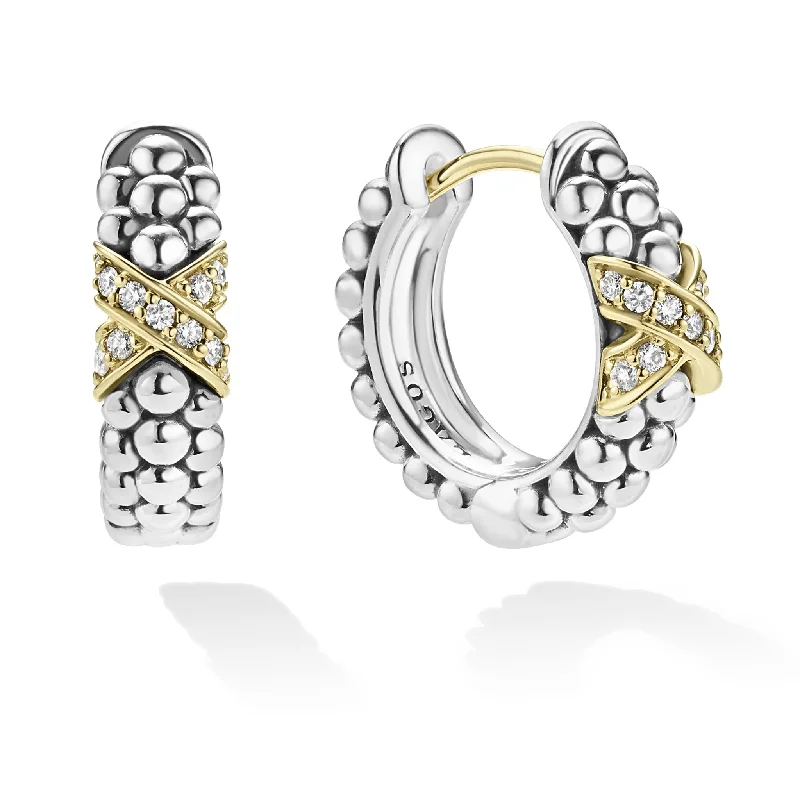 Women’s silver hoop earrings-Embrace Two-Tone Diamond Huggie Earrings