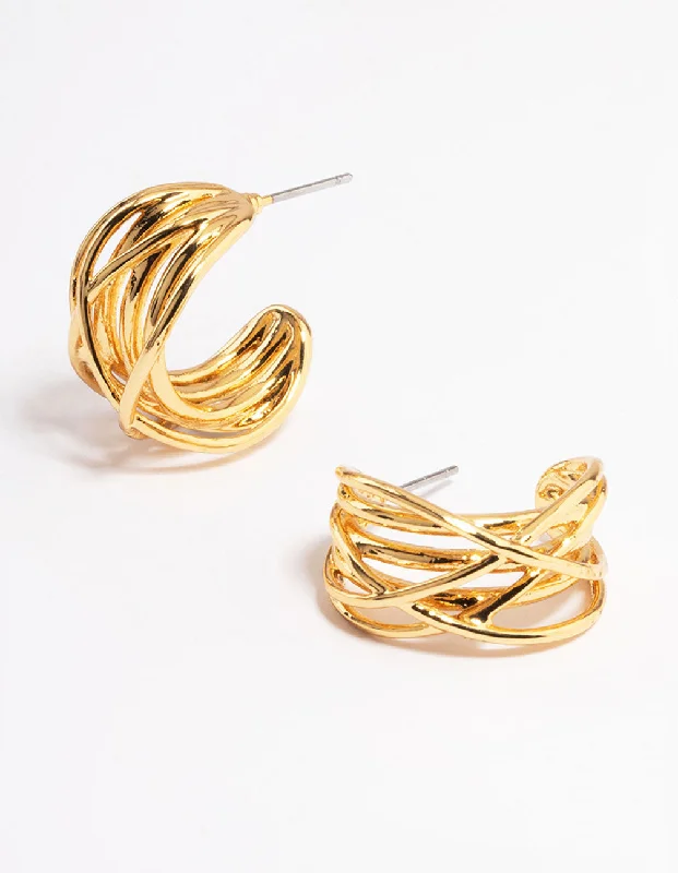 Women’s simple gold earrings-Gold Plated Layered Crossover Hoop Earrings