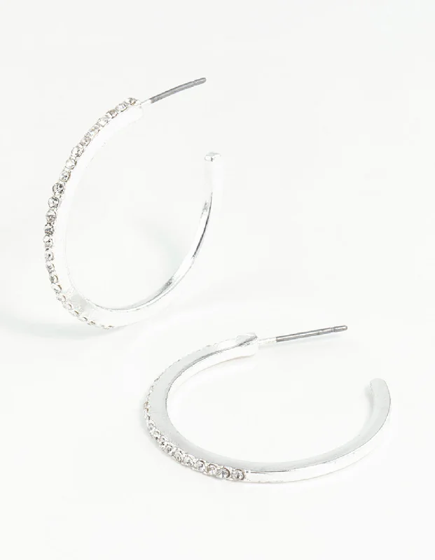 Women’s circular earrings-Silver Thin Diamante Hoop Earrings