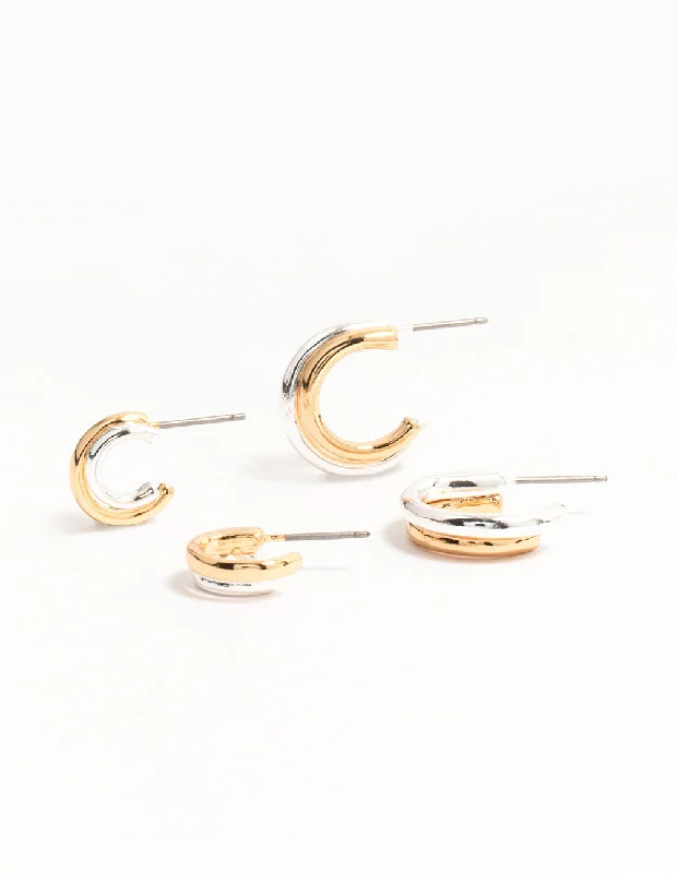 Women’s flower stud earrings-Mixed Metals Silver & Gold Plated Huggie Hoop Earrings 2-Pack