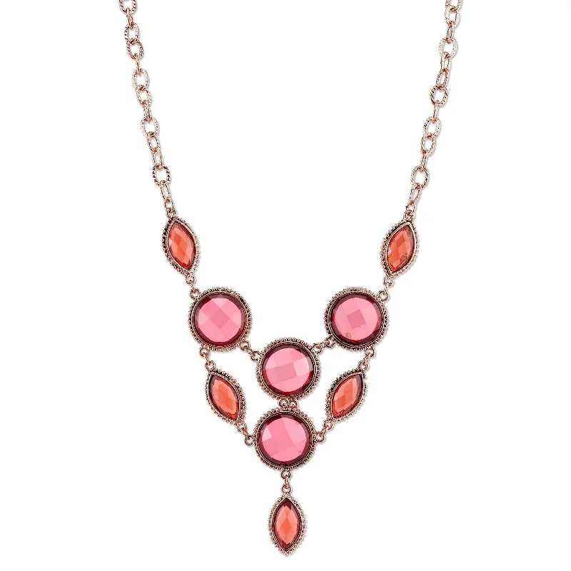 Women’s multi-strand necklace-2028 Jewelry Pink-Orange And Raspberry Color Faceted Bib Necklace 16" + 3" Extender