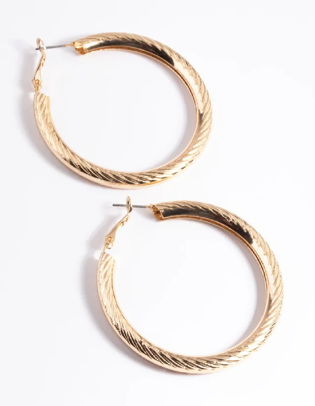 Women’s flower hoop earrings-Gold Line Textured Hoop Earrings