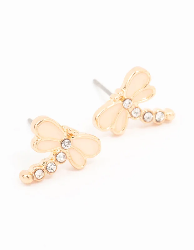 Women’s modern earrings-Gold Diamante Dragonfly Stud Earrings