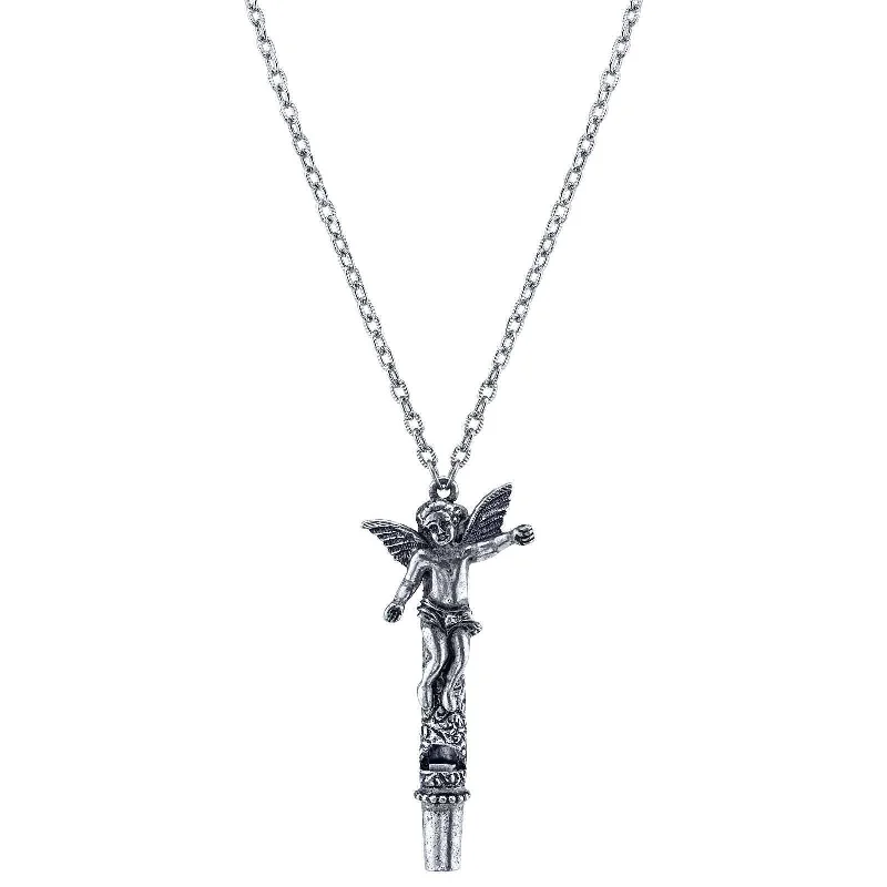 Women’s gemstone pendant necklace-1928 Jewelry Antiqued Pewter Angel Whistle Pendant Necklace 30"